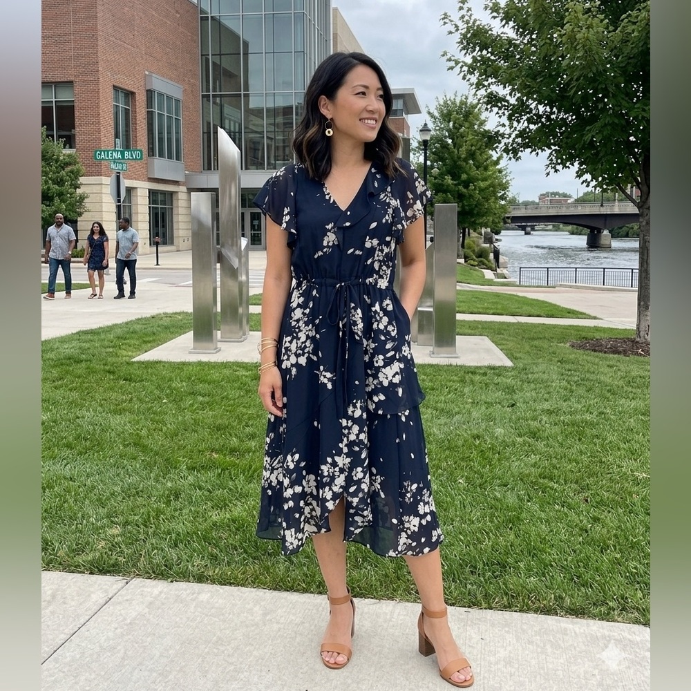 RACHEL Rachel Roy Navy Floral Midi Dress with White Print